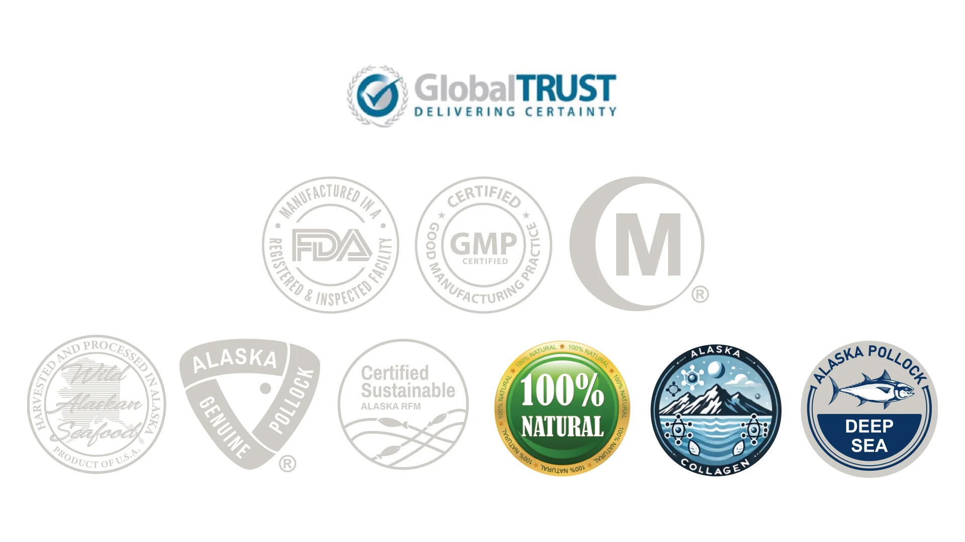 FDA registered, GMP certified, GlobalTRUST, 100% Natural, Alaska Pollock, and other quality and sustainability certifications